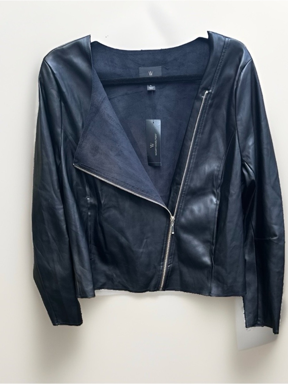 Worthington Black Faux Leather Asymmetrical Zip Moto Jacket Womens Large NEW